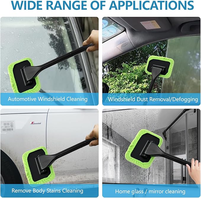 wuyaoyao Car Windshield Cleaning Tool, Car Window Cleaner with Detachable Handle & 2 Washable and Reusable Microfiber Pads, Universal Auto Glass Wiper Car Windshield Cleaner Kit