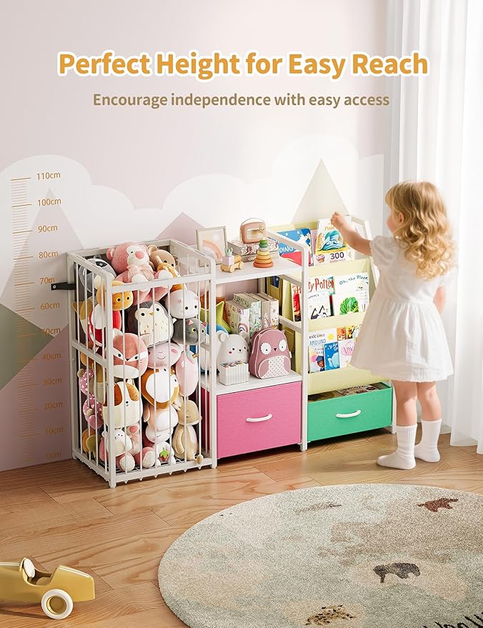 Kids Bookshelf and Toy Storage, Large 3 Tier Book Shelf for Kids Rooms, Sling Baby Bookcase with Stuffed Animal Storage, Toddler Montessori Bookshelf for Nursery, Playroom (Pink+Green)