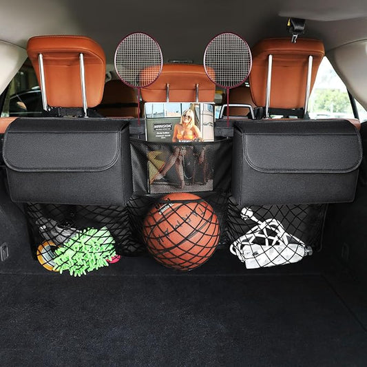 Deluxe Trunk Organizer for Car Small SUV, Backseat Hanging Trunk Organizer, Waterproof Collapsible Car Storage Bag with 6 Pockets, Reinforced No-Sag Design (Black)