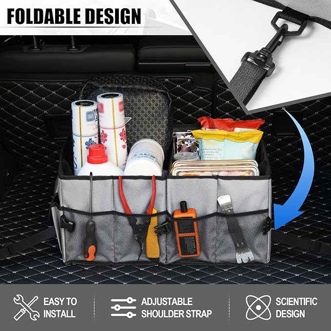 UYYE Auto Collapsible Trunk Organizer, 3 Large Compartments and 6 Pockets Durable for Cargo Storage, Easy to Storage Tools With Adjustable Securing Straps and Non-Slip Bottom for Car (Grey)