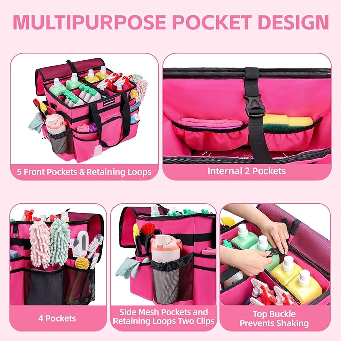 Large Rolling Cleaning Caddy Bag, Cleaning Caddy with Wheels with Detachable Trolley for Housekeepers, Water Resistant Cleaner Supplies Organizer with Wheels for Kitchen, Car, Picnic (Rose-Red)