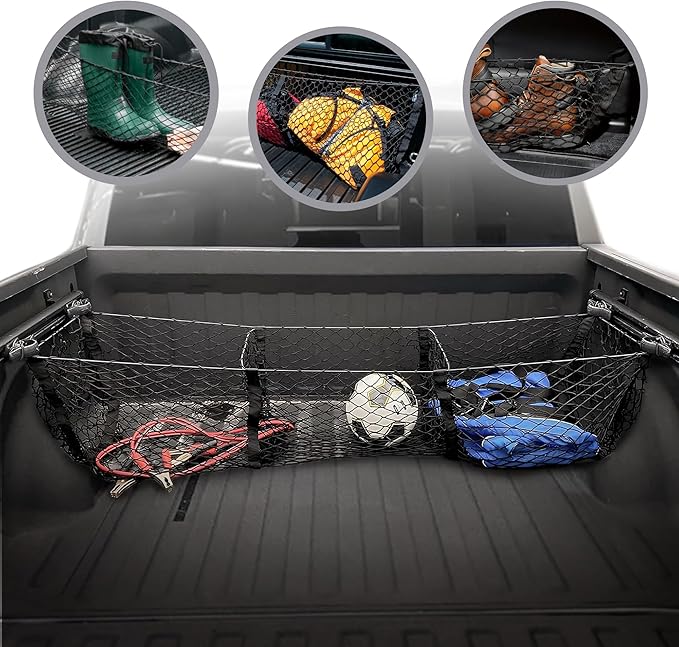 Envelope Style Trunk Cargo Net with 3 Pockets for Ram 1500 2019-2025 - Car Accessories - Premium Trunk Organizers and Storage - Cargo Net for SUV Truck - Best Carrier Organizer for Ram 1500