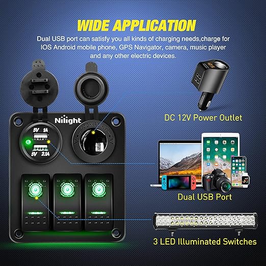Nilight 3 Gang Rocker Switch Panel with USB Charger and Cigar Lighter 12V 24V Toggle ON Off Green Night Glow Stickers for Cars Rvs Trucks