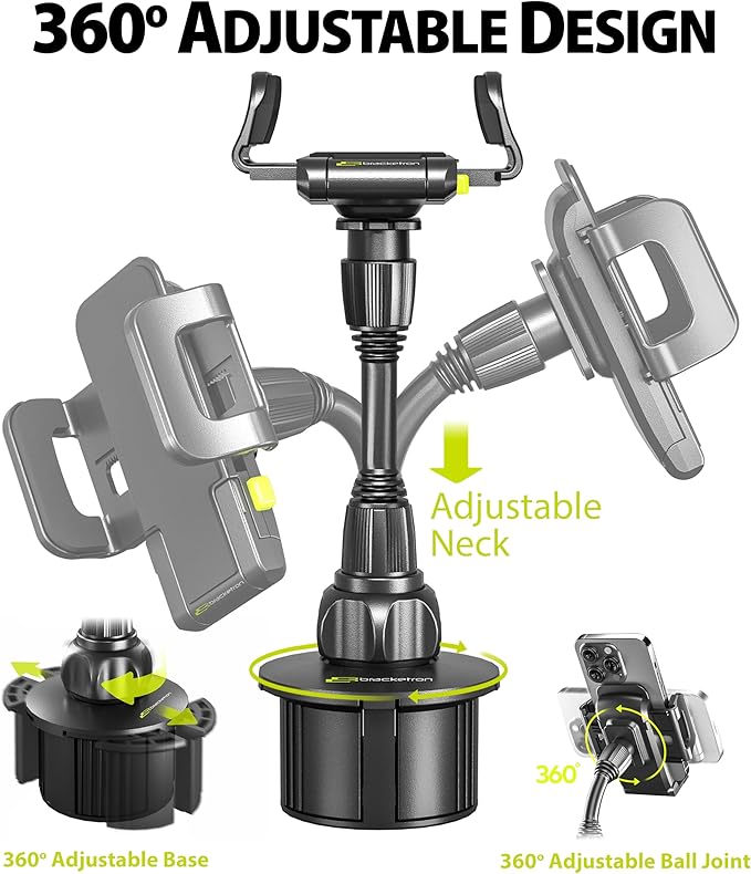 Bracketron TripGrip Universal Phone Holder for Car Cup Holder Mount - 360 Degree Rotation, Swivel Gooseneck, Expandable Base Cell Phone Cup Holder Insert - Smartphone Cradle Stand