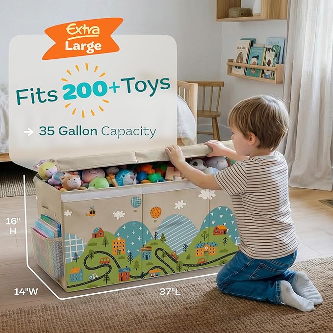 Extra Large Toy Storage Organizer with Lid - Sturdy, Collapsible Toy Chest Storage Box with Cute Design - Toys Bin with Dividers for Kids, Boys, Girls, Nursery, Bedroom, Play room 37"x16"x14"