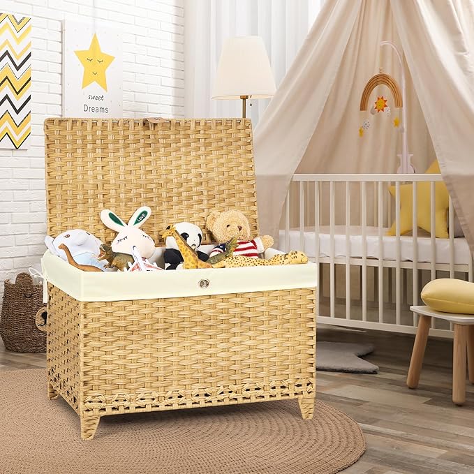 Honjourai Wicker Storage Basket with Lid,Rattan Shelf Basket with Removable Liner Bag,200L Storage Bin,Storage Trunk with Heightened Feet,Storage Container for Wardrobe,Home Organizer