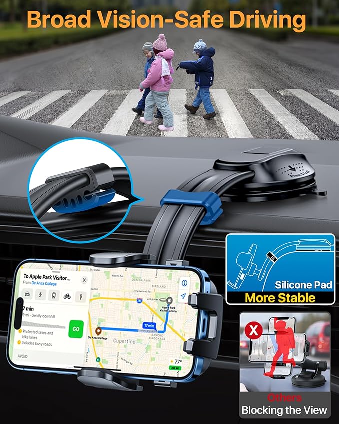 HTU Upgraded Strongest Suction Car Phone Holder Bendable Arm, Never Block View Rotatable Cellphone Mount for Dashboard Windshield Vent, Cradle Stand for iPhone 17 16 15 14 13 12 Pro Max (Red)