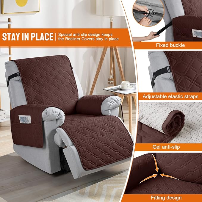 VANSOFY 100% Waterproof Recliner Chair Covers, Recliner Cover Non-Slip Dog Chair Cover Furniture Protector Washable Slipcover with Pocket, Elastic Straps for Pets, Dogs(Coffee, 25")