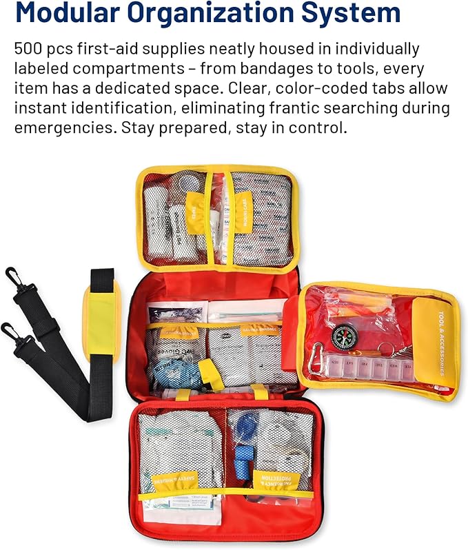 500 PCS First Aid Kit for Car Home Businesses, Well-Organized Emergency Kit, Survival Trauma First Aid Kits for Travel Camping Home College Dorm Essential Supplies