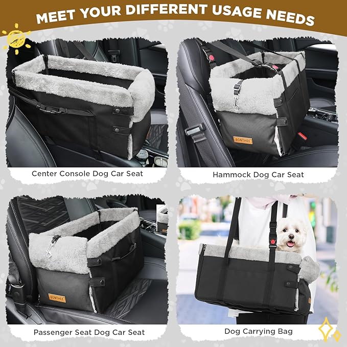 Upgraded Zipper Center Console Dog Car Seat for Small Dogs, Pet Booster Seat with Safety Hook & Adjustable Strap,Washable Center Console Car Bed with Storage Pocket for Pets up to 15lbs