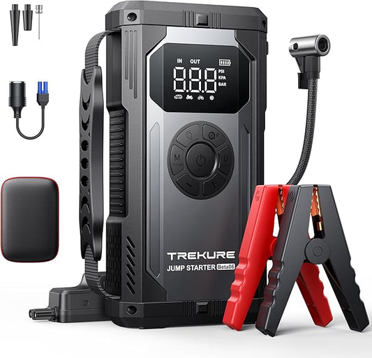 TREKURE 8-in-1 Jump Starter with Air Compressor 6000A 150PSI Portable Car Battery Jump Starter (All Gas/10L Diesel), 12V Jump Box Car Battery Jumper Starter Portable with Jumper Cables, Lights
