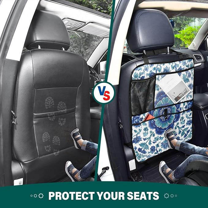 1 Pack Back Seat Car Organizer with Storage Pockets Kick Mats Back Seat Protector Hanging Car Organizer Automotive Seat Back Cover Organizers Floral Blue and White Vine