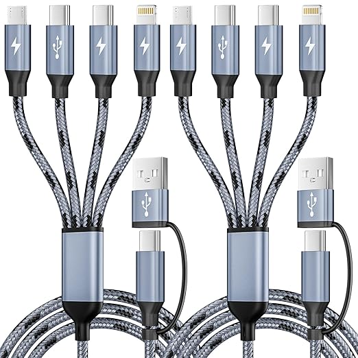 4 in 2 USB A/C to Multi Charging Cable, Travel Charger Cord for All Devices with Dual Type-C/IP/Micro, Universal Multiple Charging Cord for iPhone17-8/Android/Car/Office/Home (2Packs 5FT)
