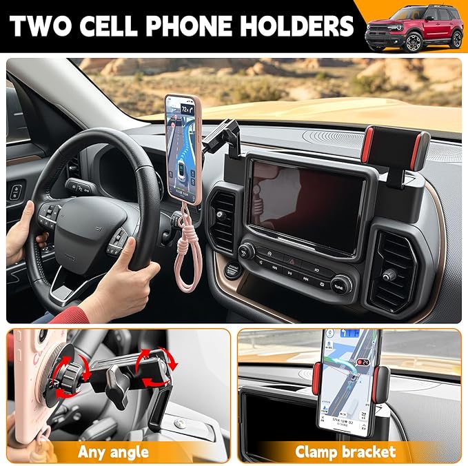 Dashboard Phone Holder Compatible with 2021-2024 Ford Bronco Sport Center Console Organizer Dashboard Phone Multi-Mount Kit for 2023 Bronco Sport Accessories(Bronco Sport 2021-2024)