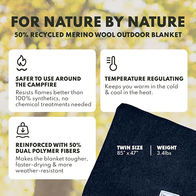 Woolly Mammoth Woolen Company Merino Wool Blanket - 50% Wool - Machine Washable Throw - Thermal Insulation for Camping & Survival Gear - Travel Blanket for Camper Vans & Car Kit (85" x 47" Juniper)