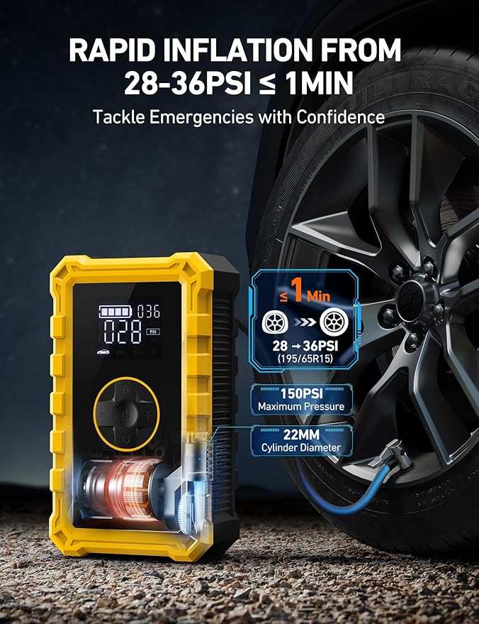 AstroAI S8 Air Jump Starter with Air Compressor,3000A Peak Car Battery Jump Starter Portable (9.0 Gas/6.5L Diesel) with 150PSI Cordless Auto-Shutoff Tire Inflator, 12V Battery Charger Booster(Yellow)