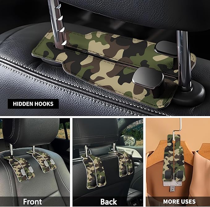 Car Seat Headrest Hook, Universal Leather Cute Hanger Holder Hook, Storage Organizer Interior Accessories for Purse Bags Handbag Green Camouflage