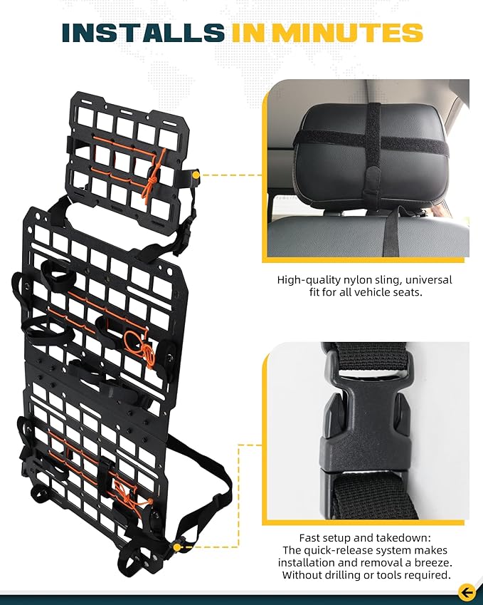 Trumgeta Rigid MOLLE Panel Seat Back & Headrest MOLLE Panel For Truck Pickup Vehicles Universal Truck Seat Back Organizer