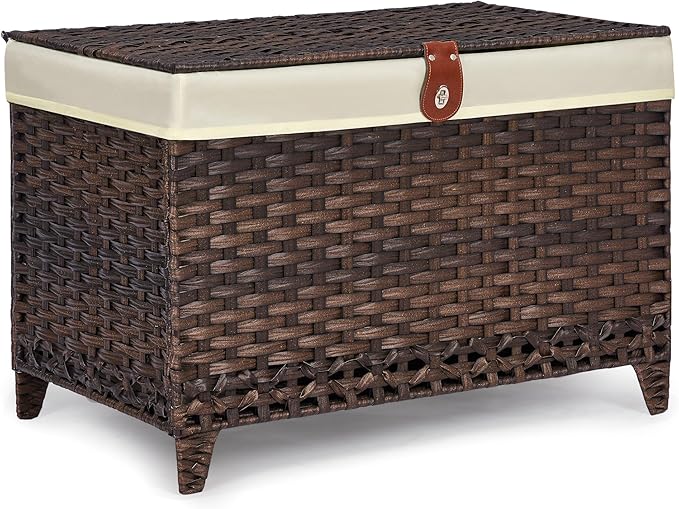 Honjourai Wicker Storage Basket with Lid,Rattan Shelf Basket with Removable Liner Bag,200L Storage Bin,Storage Trunk with Heightened Feet,Storage Container for Wardrobe,Home Organizer