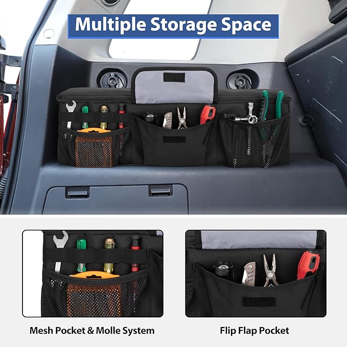 Car Trunk Organizer Compatible with Toyota FJ Cruiser 2007-2021, Rear Storage Bag with 3 Pieces of 1.5” Wide Hook&Loop Tapes, 2 Adjustable Hanging Loops, Multiple Pockets, Black