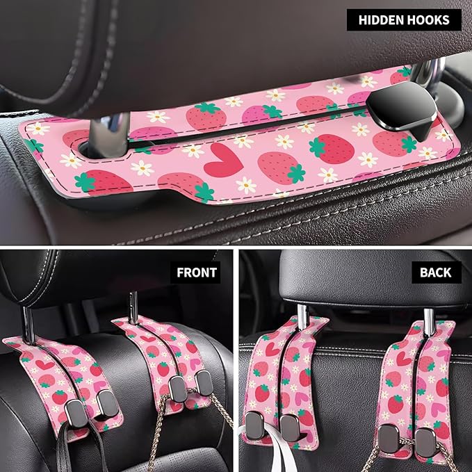 Car Seat Back Storage Headrest Hook, Premium Leather Double Metal Hook, Hanger Storage Organizer for Purse Cloth Bag, Car Interior Accessories Cute Pink Strawberry