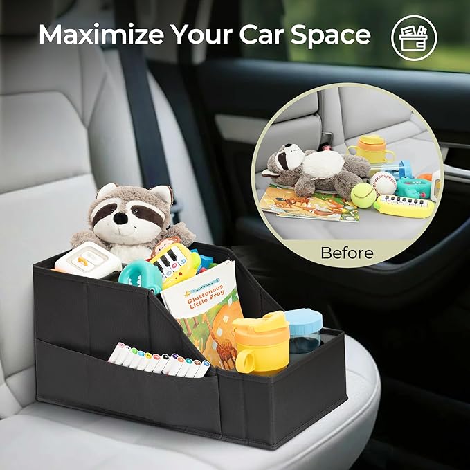 Easi Car Seat Organizer Backseat Front Seat Gap Filler with 12 Storage Compartments 2 Metal Cup Holders Kids Snack Travel Passenger Seat Organizer Collapsible Storage Box for SUV Truck Van Car, BK, 2