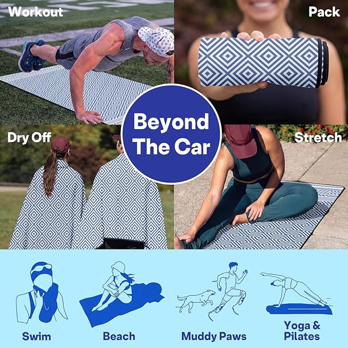 2 Pack Car Seat Towel Covers, Sweat Protector for Front Seats, Premium Thickened Microfiber with Boho Geometric, Breathable & Quick Dry, Slip-on Headrest Pocket for Gym, Beach, Running (Royal Blue)