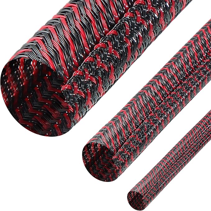 Boao 3 Pieces Cord Protector Wire Loom Tubing Cable Sleeve Split Sleeving for USB Charger Cable Cord Cover Audio Video Cable (Black with Red,1/2 Inch, 1/4 Inch, 3/4 Inch)
