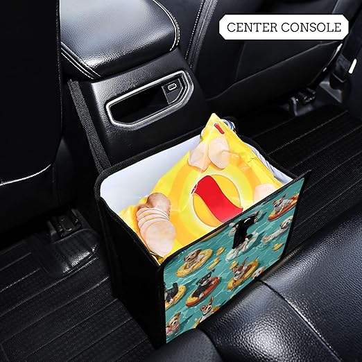 Car Trash Can Organizer Bin with Adjustable Strap for Back Front Seat Console Waterproof Leakproof Collapsible Portable 8.66 Inch Teal Swimming Pool Dogs and Ducks