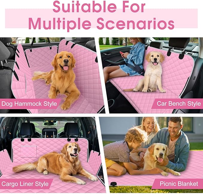 NECKORY Waterproof Dog Car Seat Cover for Back Seat - Durable, Scratch Proof Pet Hammock with Nonslip Design & Storage Pockets, Fits Cars, SUVs, Trucks - S, Pink/Grey
