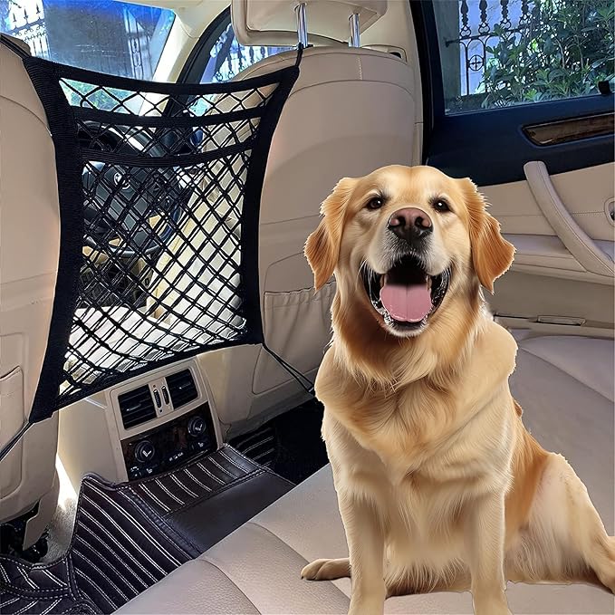 Dog Car Net Barrier Pet Barrier with Auto Safety Mesh Organizer - Stretchable Storage Bag - Universal Fit for Cars and SUVs - Easy Install Car Divider for Safe Driving with Children, Pets
