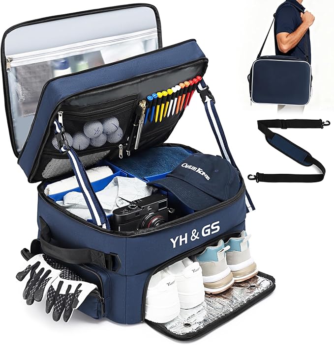 Golf Trunk Organizer, 3 Layer Golf Accessories for Men, 2 Pair Shoes Separate Ventilated Compartment Golf Organizer for Car, Balls, Clothes, Gloves, Accessories Golf Gifts (Add shoulder straps)