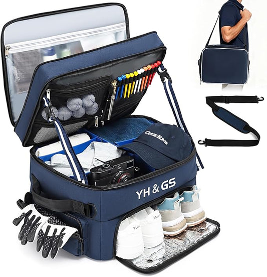 Golf Trunk Organizer, 3 Layer Golf Accessories for Men, 2 Pair Shoes Separate Ventilated Compartment Golf Organizer for Car, Balls, Clothes, Gloves, Accessories Golf Gifts (Add shoulder straps)