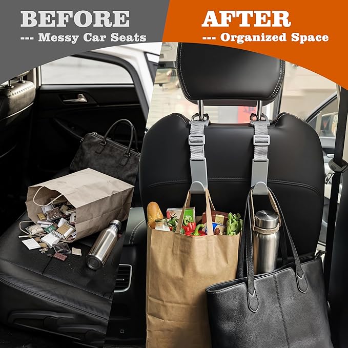 Amooca Car Headrest Hooks 4 Pack Adjustable Universal Fit Auto Seat Back Organizer Storage Hanger Purse Bags Holder with Clip Gray