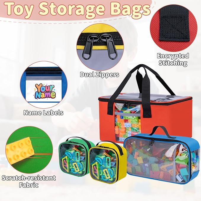 4 PCS Toy Storage Bags, Magnetic Tiles Bag With Visual Top Flap, Label Pocket and Mesh Pockets Fit for LEGO, Building Blocks, Magnetic Tiles, Toy Cars