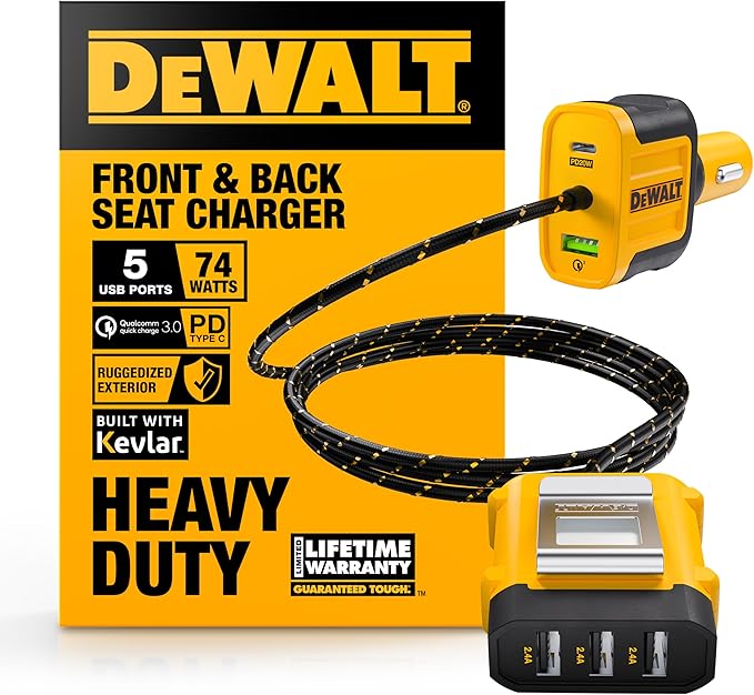 DEWALT Heavy Duty 72W 5 Port USB Car Charger Multiport, iPhone 16 Multi USB Car Charger, Fast Charge PD & QC3.0 Cigarette Lighter Adapter w/ 6FT Cable, Type C Front/Back Charging for Multiple Devices
