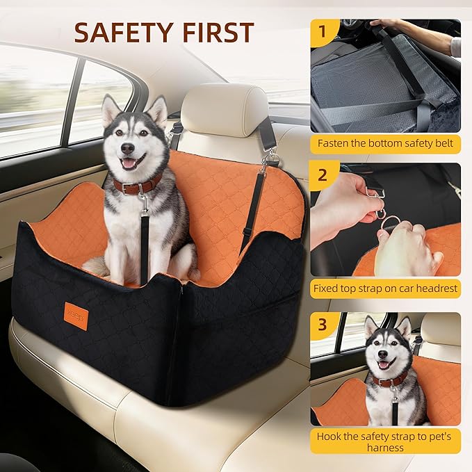 XEEP Dog Car Seat for Medium/Large Dogs Up to 60lbs, Dog Booster Seat with Memory Foam Cushion, Washable Pet Car Seat with Safety Belt & Pee Pad & Blanket, Fits in Back Seat(Black/Brown)