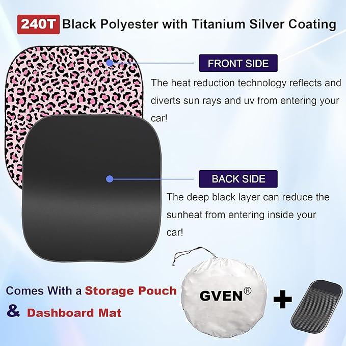 Gven Windshield Sun Shade 2pcs with Bonus Pink Car Sunshade for Front Window Shades 2025 Technology Reflect UV and Heat Sun Visor Automotive Accessories Interior Sun Protection (Pink Leopard, M)