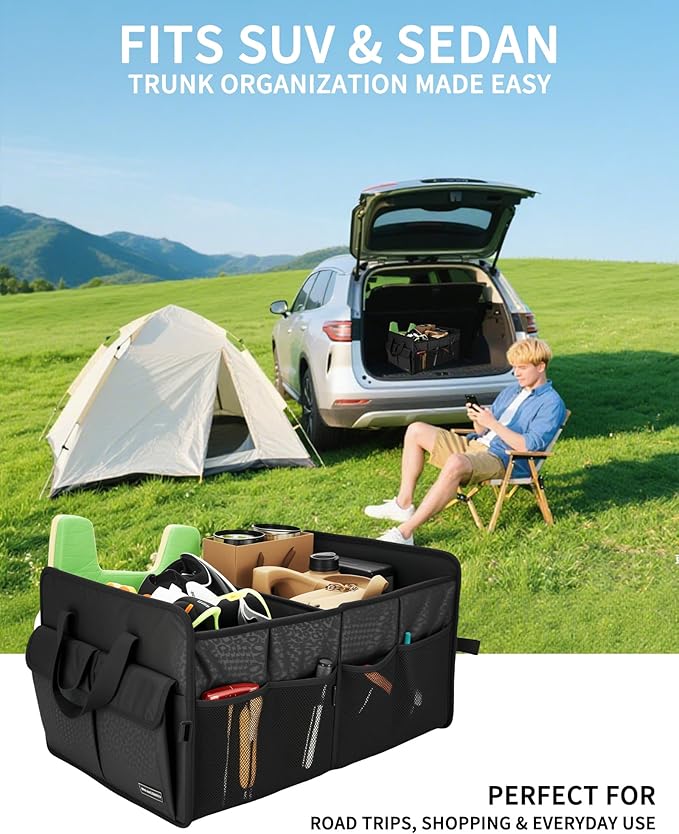 Sturdy Car Trunk Organizer – Large Capacity Trunk Organizer for SUVs & Sedans, Hard-Shell One-Piece Design with Cute Print, Collapsible and Durable Car Organizers (Black Leopard 70L)