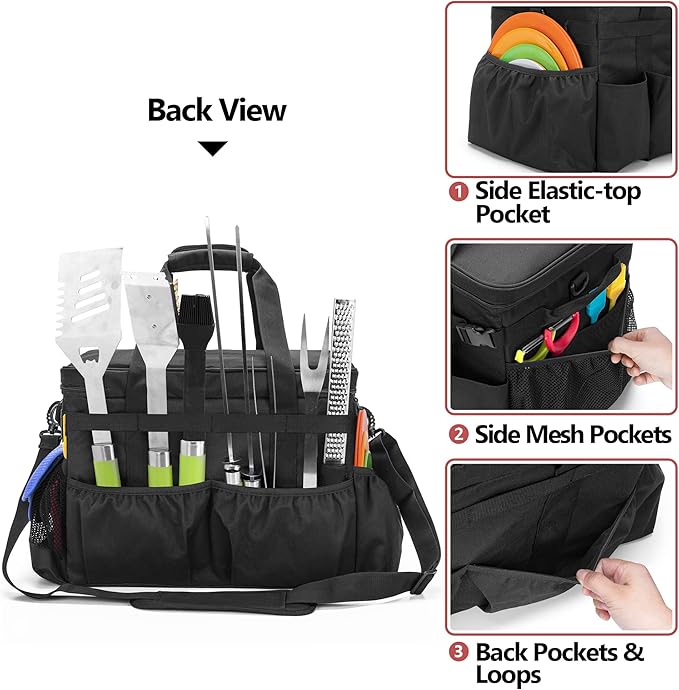 Large Grill Caddy with Lid, BBQ and Picnic Bag Organizer with Paper Towel Holder, Tailgating Accessories Basket for Barbecue Utensil & Camping Gear Must Haves, Black, Bag Only