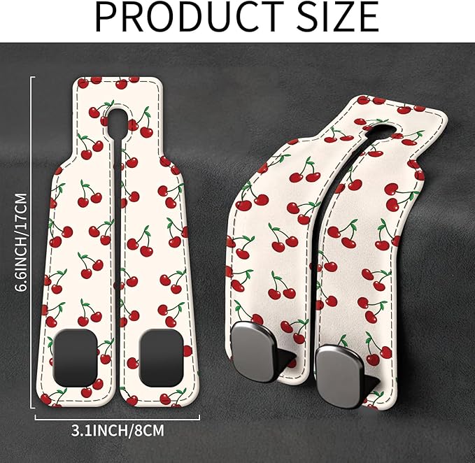 Car Seat Back Storage Headrest Hook, Premium Leather Double Metal Hook, Hanger Storage Organizer for Purse Cloth Bag, Car Interior Accessories White Red Cherry