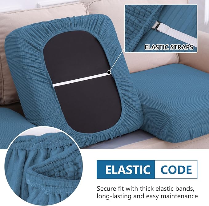 hyha Waterproof Couch Cushion Covers for Pets, Non Slip Sofa Seat Cover for Dogs Washable, Soft Thick Stretch Jacquard Fabric, Sofa Slipcovers with Elastic Bottom (1 Piece for Large, Blue)