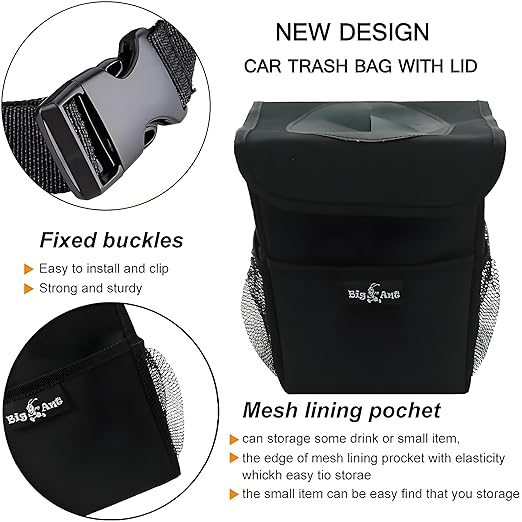 Big Ant Car Trash Can with Lid - 2.5 Gal 100% Leak-Proof Automotive Garbage Bag with Storage Pockets - Waterproof Travel Cooler & Organization Accessories for Family Road Trips and Daily Commute