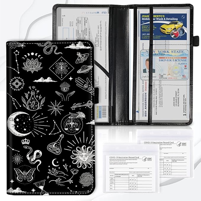 Car Registration and Insurance Card Holder, Premium PU Leather Vehicle Wallet Cover for Glove Box Car Organizer Drivers License / Cards / ID Essentials Document Holder, Astrology Celestial Theme