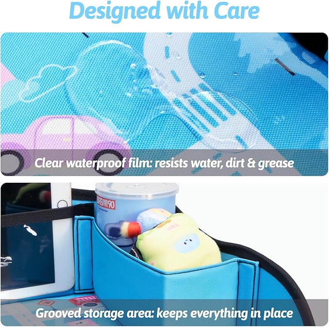 OUOZZZ Kids Travel Tray for Car - Boy's Safety Seat Table, Toddler Road Trip Essentials - Carseat/Airplane Lap Desk with Weight-Relief Strap, Non-Skid Silicone Base, Waterproof Dining/Craft Mat