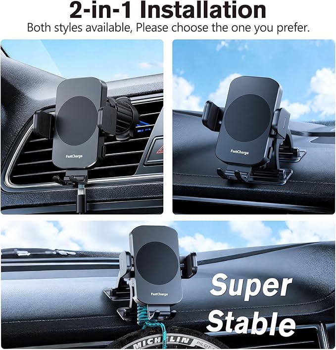 Wireless Car Charger,【80+LBS Safest Strongest】 2026 Upgrade Car Phone Holder Mount 15W/10W/7.5W Fast Charging 360° Rotation for Dashboard Windshield Vent Compatible with iPhone 17 16 Samsung