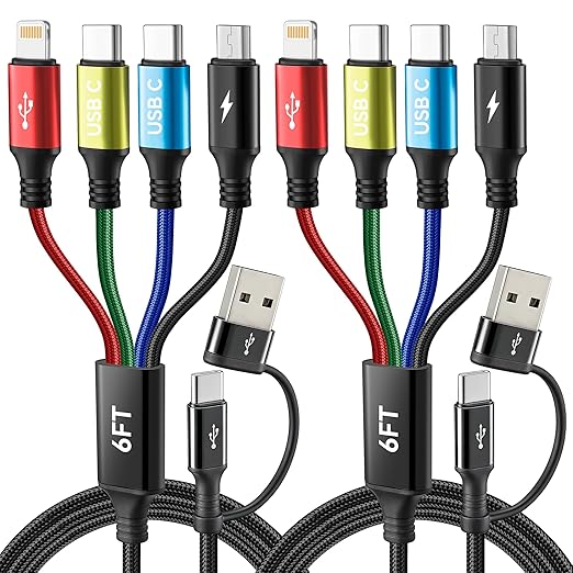 MINLU Dual USB-C 4 in 2 Multiple Charging Cable for All Devices with USBC/Lightning/Micro Ports,Type C Cable iPhone Charger Cord,Travel Car Charger for iPhone Series,Android,iPad,Kindle,PS - 2Pack/6Ft