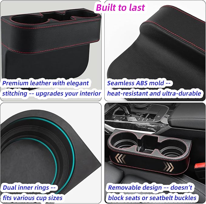 Car Cup Holder Expander & Seat Gap Filler - PU Leather Cover with Stitching, Multifunctional Front Seat Organizer, for Car Truck Van, Holds Large Cups and Phones,Prevent Dropping Items (1 Pack, Gray)