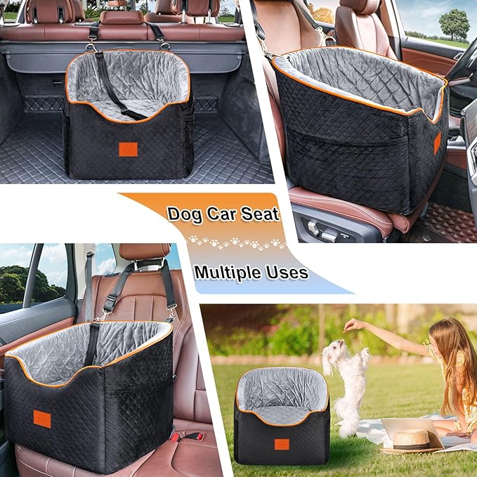 XIEEAOZEE Dog Car Seat for Small Dogs, Memory Foam Booster Dog Seat for Dogs up to 35 lbs, Elevated Pet Car Seat, Travel Safety Pet Seat with Washable Removable Cover, Storage Pockets (Red)