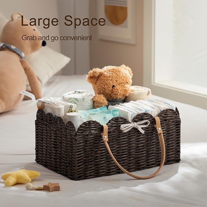 HBlife Baby Diaper Caddy Organizer, Large Portable Scalloped Plastic Wicker Woven Basket with Divider, Nursery Diaper Station, Baby Shower Gifts Basket, Car Organizer, Washable Waterproof
